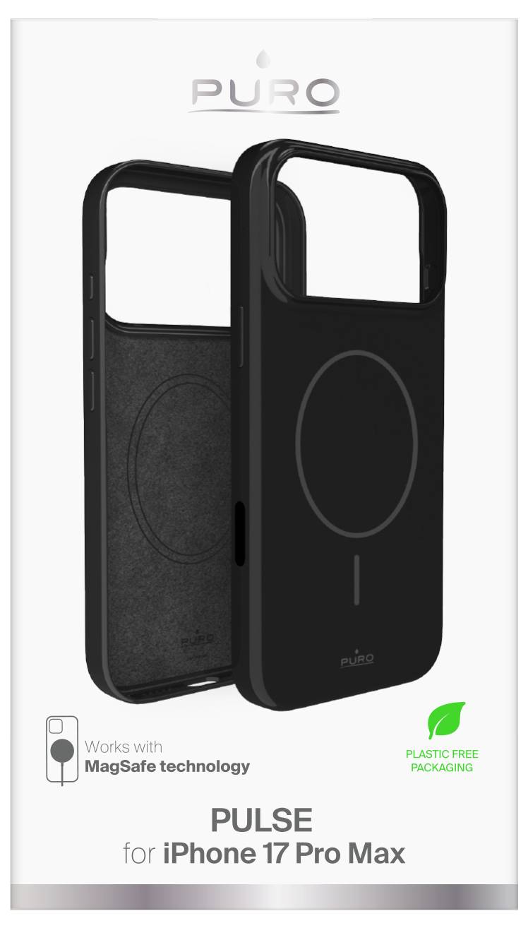 Dva crna Puro Pulse futrola za iPhone 17 Pro Max, opremljena MagSafe tehnologijom. Naljepnica ukazuje na ambalažu bez plastike.