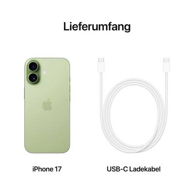 iPhone 17 u zelenom i USB-C punjački kabel prikazani su pod naslovom 'Sadržaj isporuke'.
