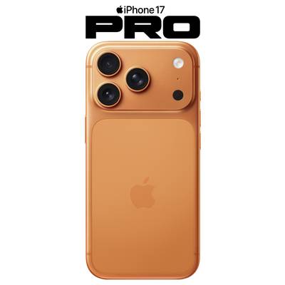 Pogled straga narančastog iPhonea 17 Pro s tri velika fotoaparata i logotipom, s tekstom 'iPhone 17 Pro' iznad.