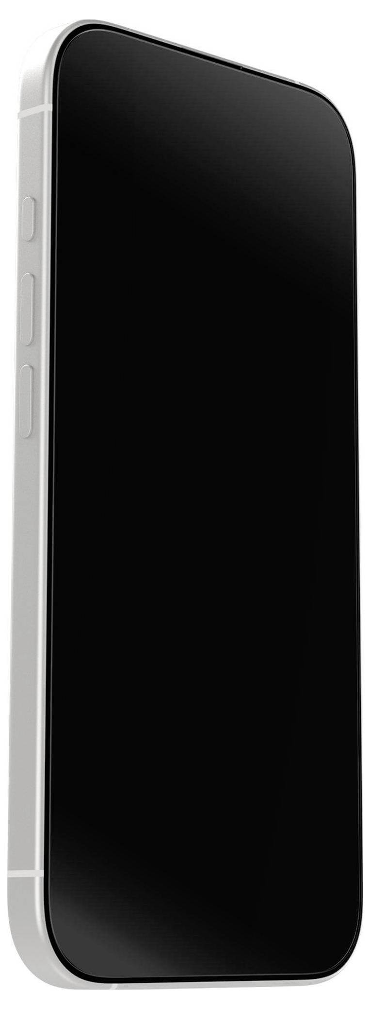 Srebrni pametni telefon s crnim zaslonom blago je nagnjen ulijevo, prikazujući elegantan, minimalistički dizajn s vidljivim bočnim tipkama.