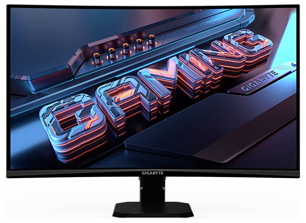 Zakrivljeni GIGABYTE monitor prikazuje 3D tekst 'GAMING' u futurističkom metalnom stilu sa plavim i crvenim naglascima, naglašavajući fokus na gaming.