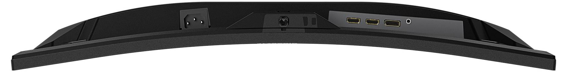 Pogled straga na zakrivljeni monitor koji prikazuje panel priključaka uključujući HDMI, DisplayPort, USB i ulaz za napajanje.