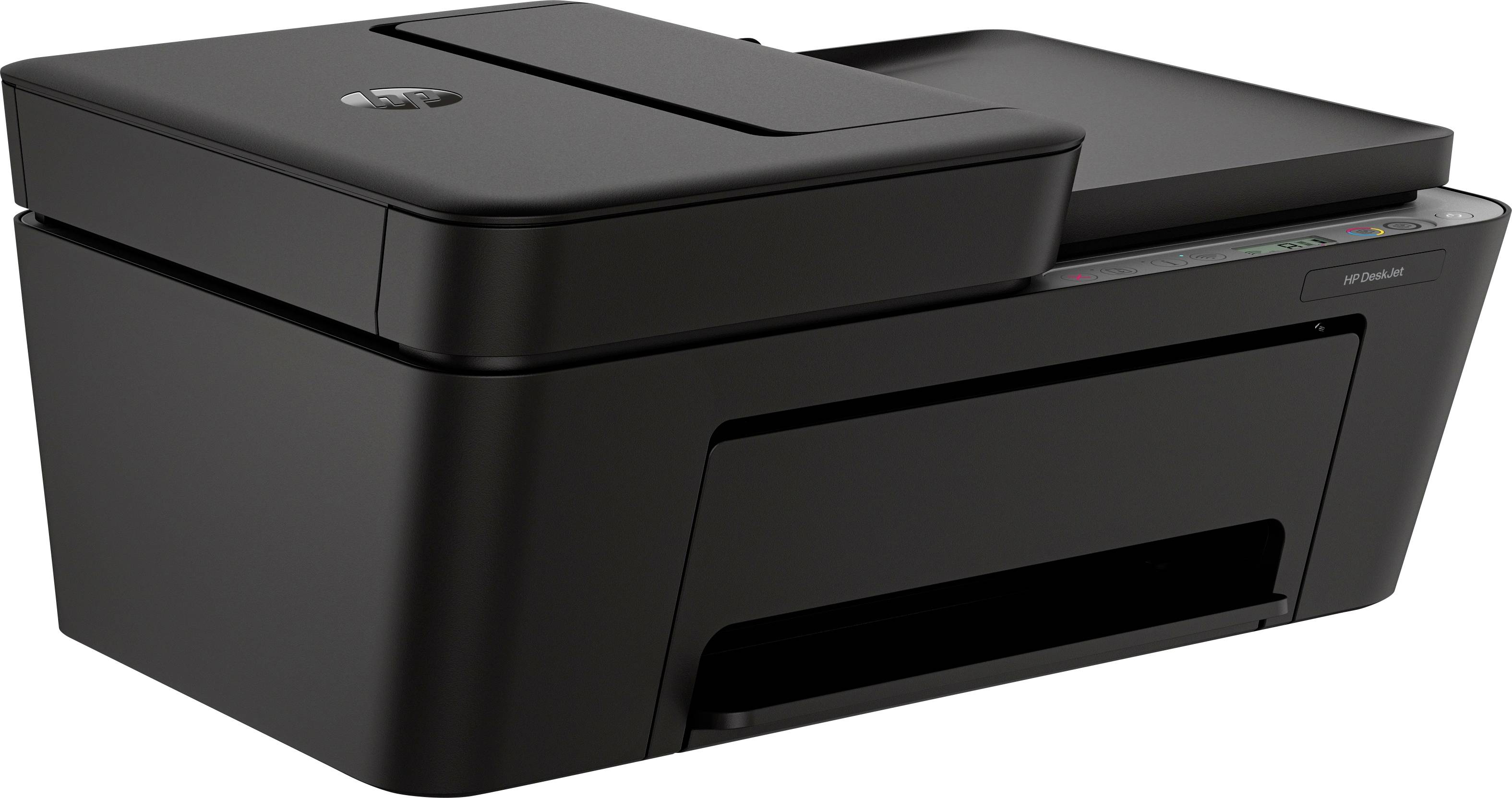 Crni all-in-one printer na bijeloj pozadini, prikazan u trokvarnom pogledu s vidljivim poklopcem skenera i otvorom za izlaz papira.