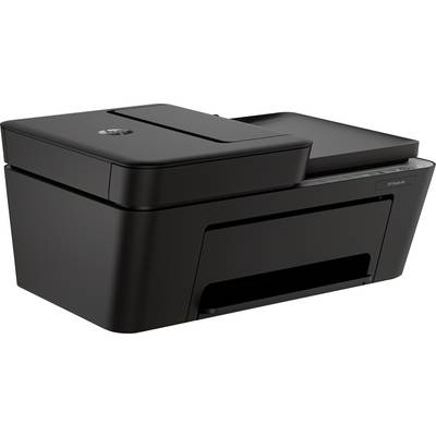 Crni all-in-one printer na bijeloj pozadini, prikazan u trokvarnom pogledu s vidljivim poklopcem skenera i otvorom za izlaz papira.