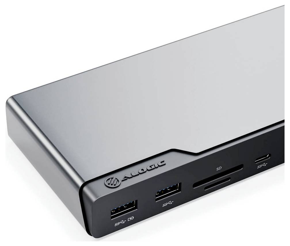 Elektronički uređaj marke 'Alogic', vjerojatno koncentrator, koji ima više priključaka uključujući USB i utore za SD kartice sa strane.