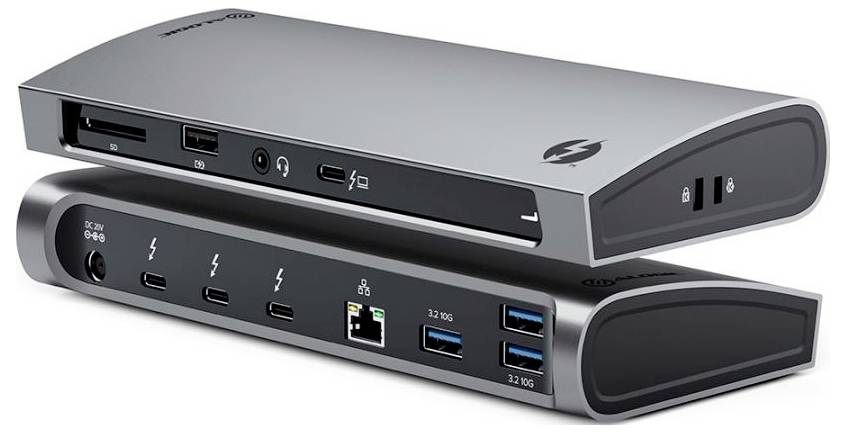 Elegantan, sivi elektronički dokujući stalak s više priključaka uključujući USB-C, USB 3.0, Ethernet i audio utičnicu za povezivanje.