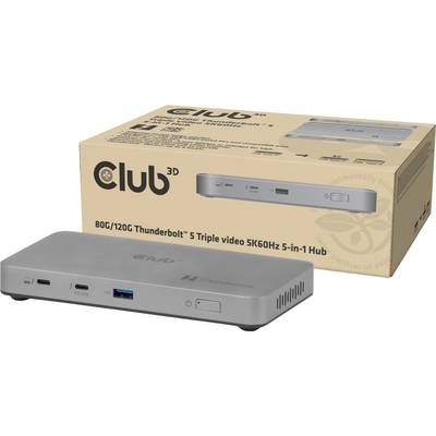 Siva 'Club 3D' Thunderbolt hub s više priključaka, prikazana pored svoje ambalаže. Tekst glasi '5 Trostruki video 5K60Hz 5-u-1 Hub'.