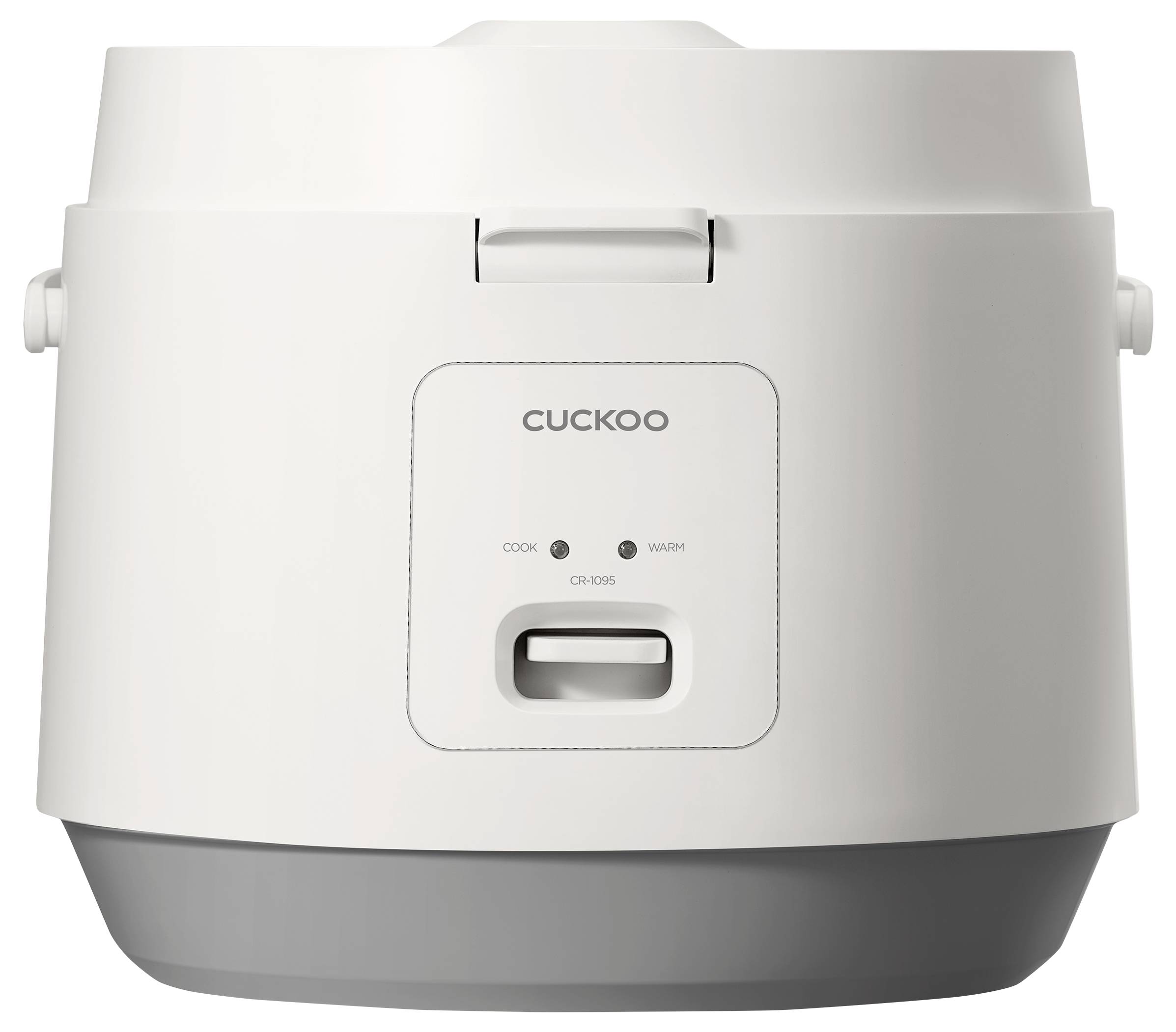 Bijeli Cuckoo rice cooker s indikatorima 'Cook' i 'Warm' na prednjoj strani, jednostavnog i kompaktnog dizajna.