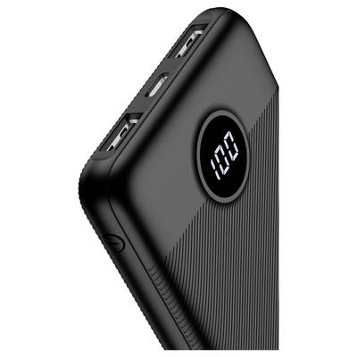 Crni prijenosni power bank s digitalnim zaslonom koji prikazuje '100', što ukazuje na potpuno napunjeno stanje, i dvije USB priključnice sa strane.