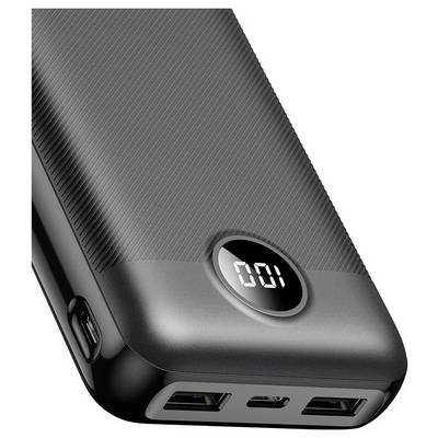 Crni prijenosni power bank s LED zaslonom koji prikazuje '001' ima dva USB porta i teksturiranu površinu, dizajniran za punjenje uređaja tijekom putovanja.