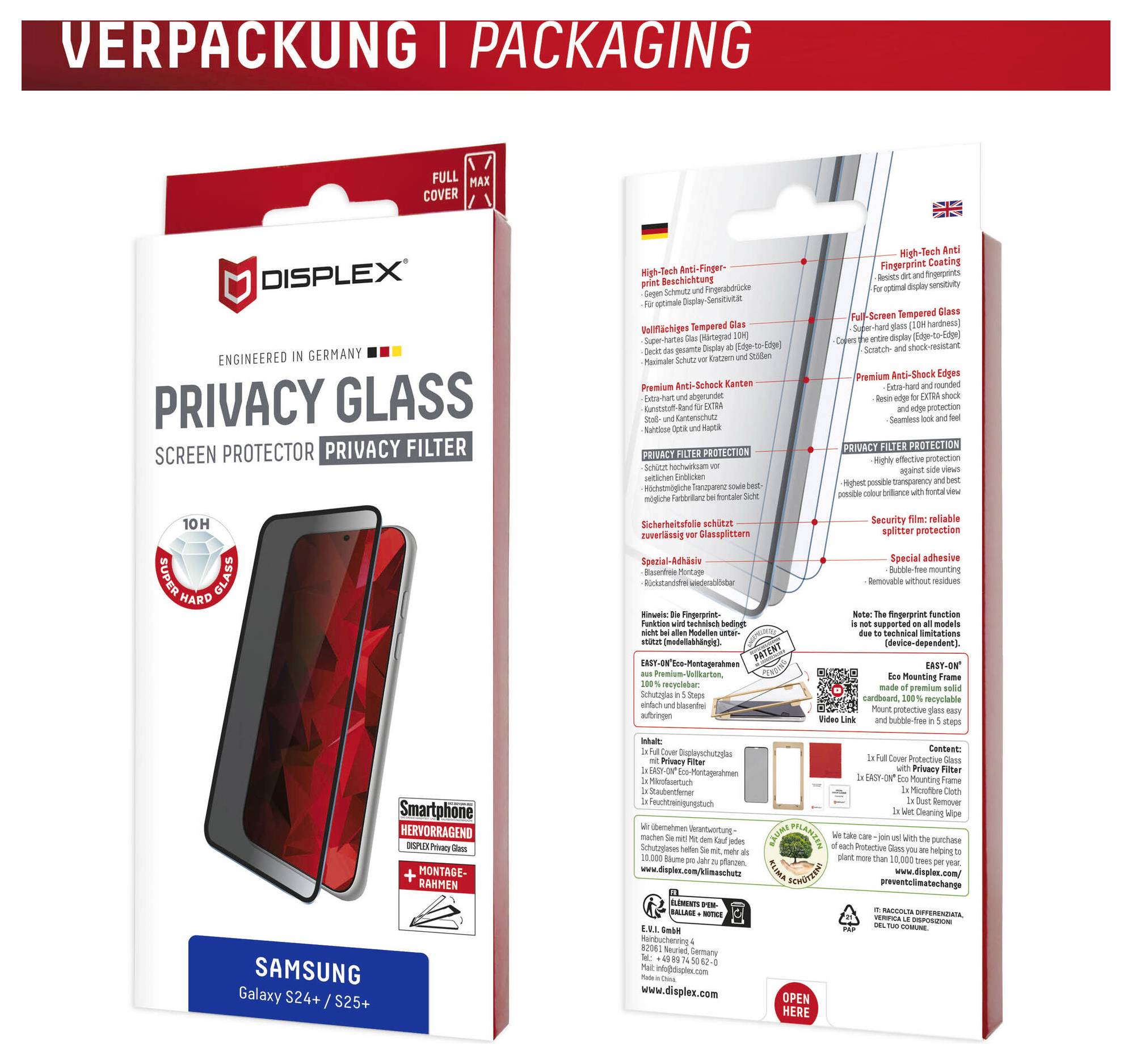 Paket 'Displex Privacy Glass' koji prikazuje crvenu kutiju s brendom i slikom zaštitnika za ekran telefona. Oznake naglašavaju značajke filtera za privatnost. Stražnja strana detaljno sadrži upute za primjenu i kompatibilnost sa Samsung Galaxy S22+/S25+.