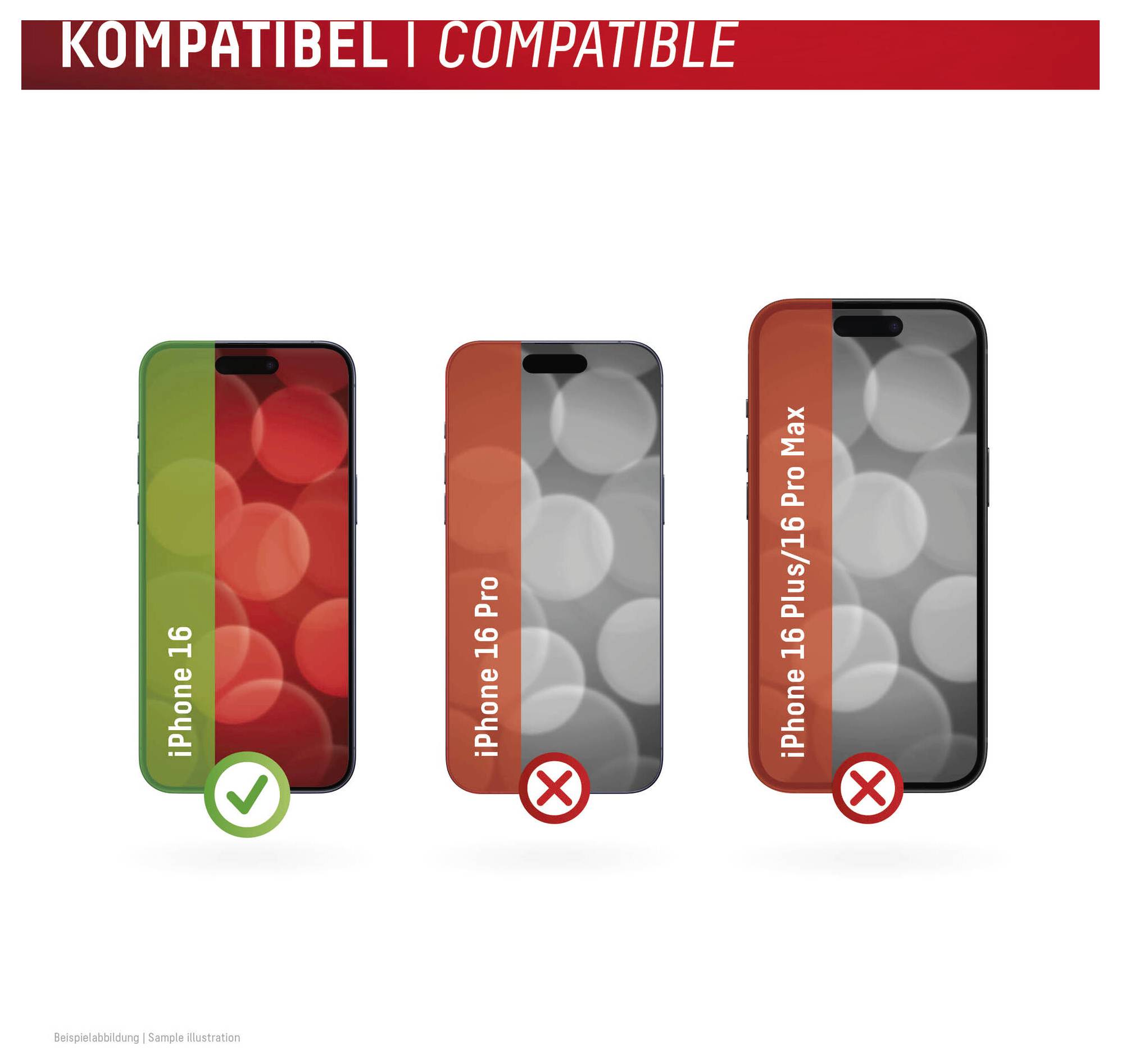 'Kompatibilno: iPhone 16'; 'Nije kompatibilno: iPhone 16 Pro, iPhone 16 Plus/16 Pro Max'. Tri pametna telefona prikazana s oznakama kompatibilnosti.