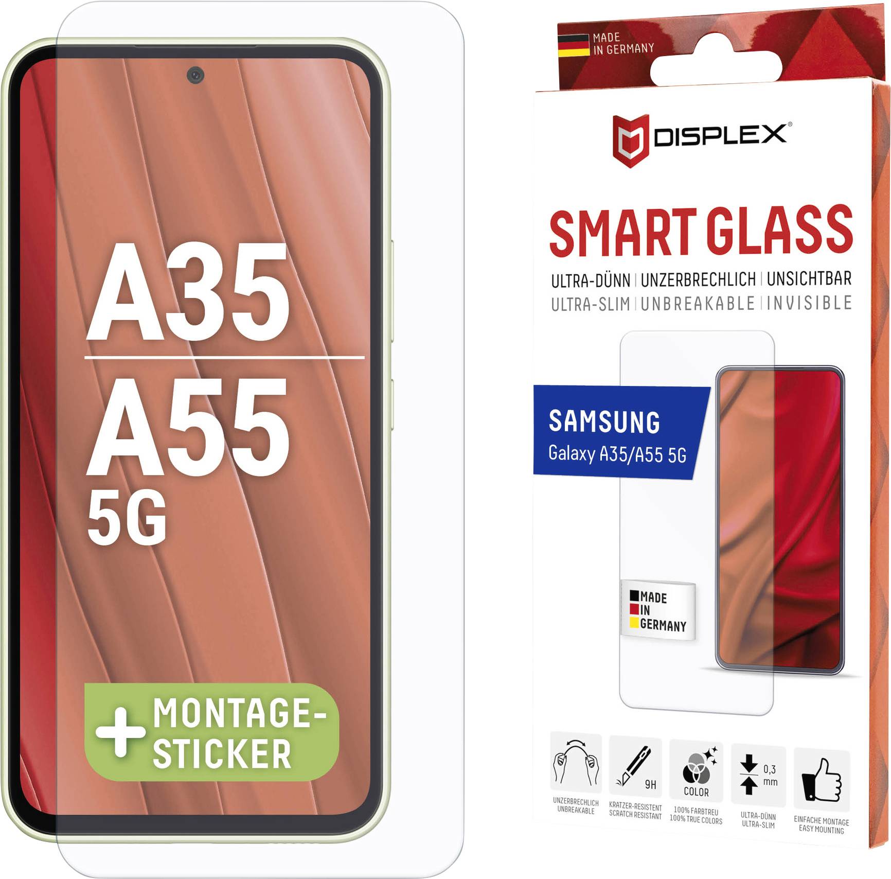 'DISPLEX zaštitno staklo za Samsung Galaxy A35/A55 5G telefon. Ultratenako, neprenosivo, nevidljivo. Uključuje naljepnicu za instalaciju.'