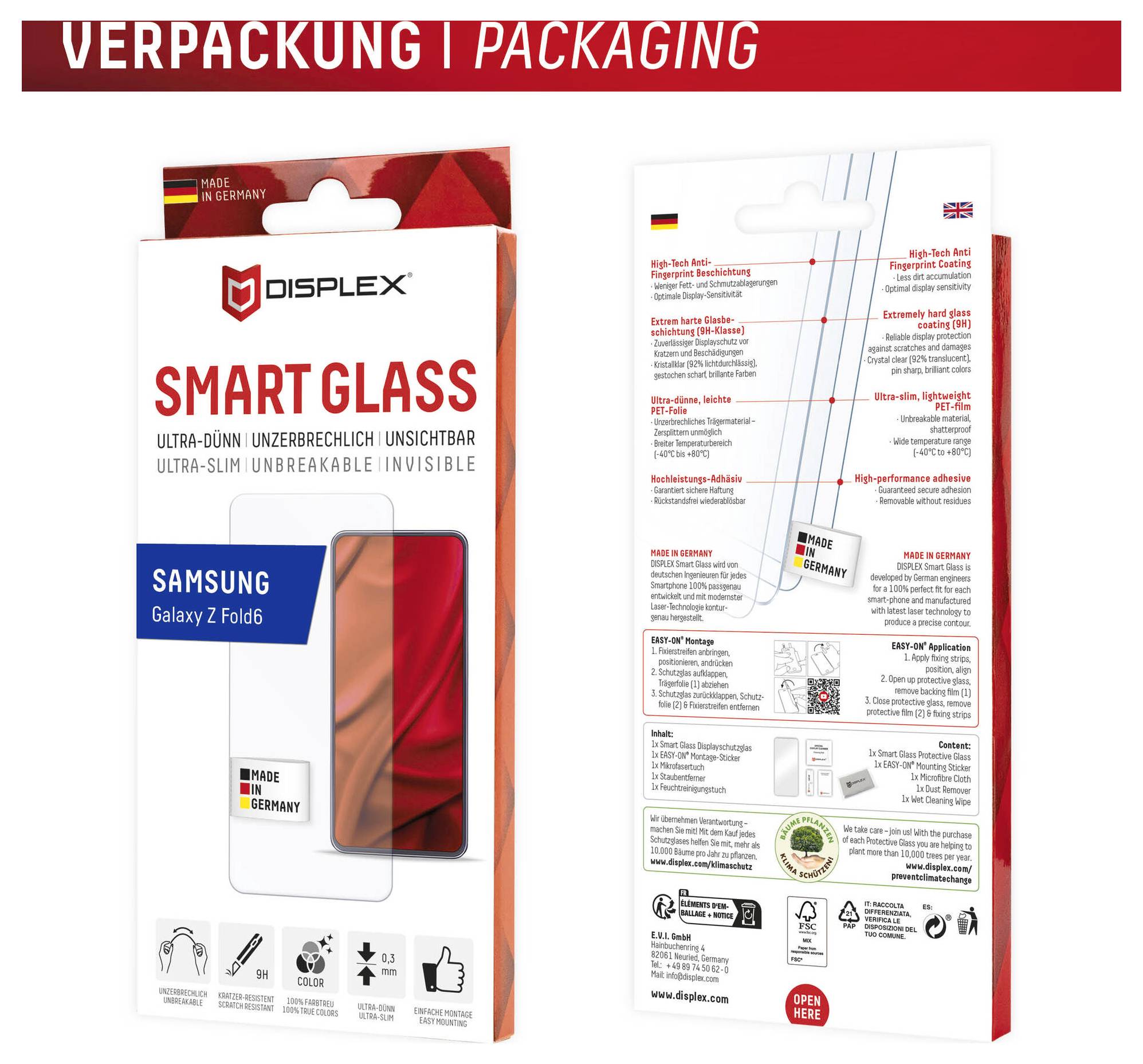 Pakiranja 'Smart Glass' za Samsung Galaxy Z Fold 5, s naglaskom na 'Ultra-Tanko', 'Neprelomlivo', 'Nevidljivo' značajke, 'Proizvedeno u Njemačkoj'.
