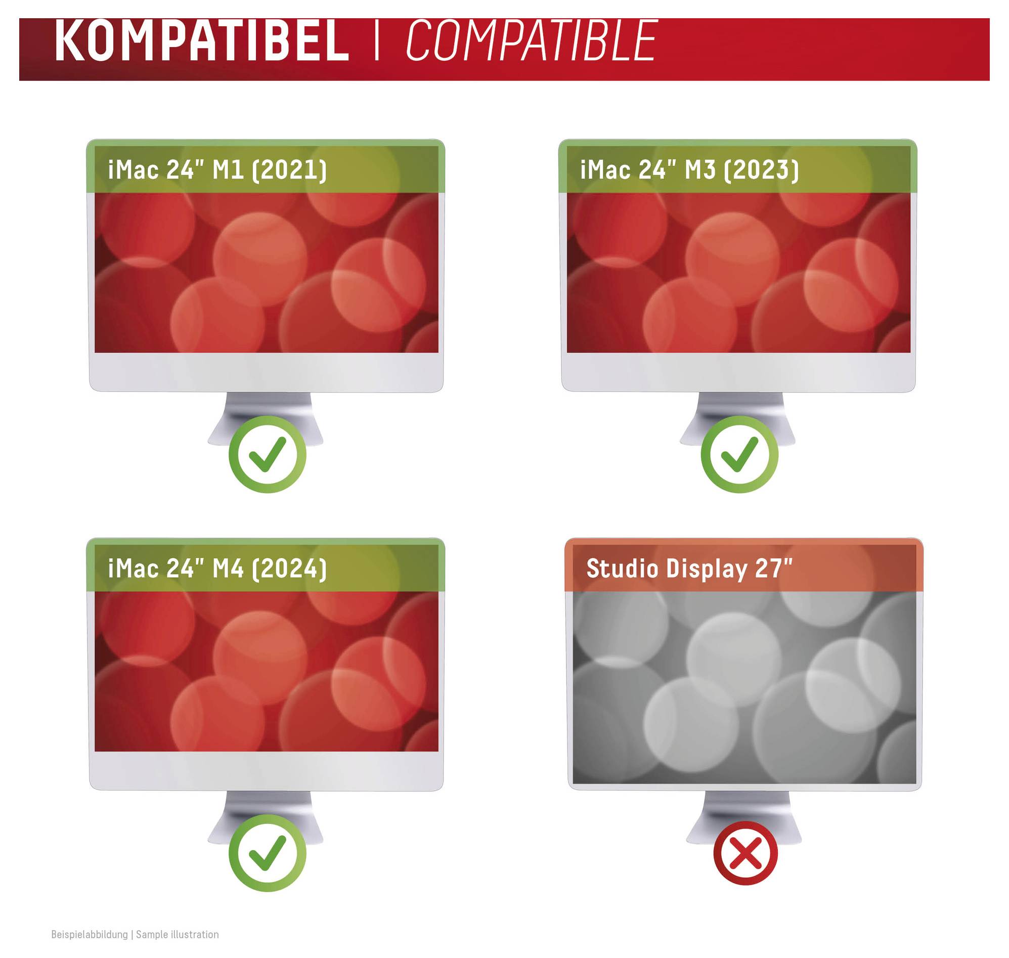 KOMPATIBILAN | KOMPATIBILAN<br><br>Prikazuje kompatibilnost različitih modela iMaca i displeja. iMac 24" M1 (2021), M3 (2023) i M4 (2024) imaju zelene oznake, Studio Display 27" ima crveni X.