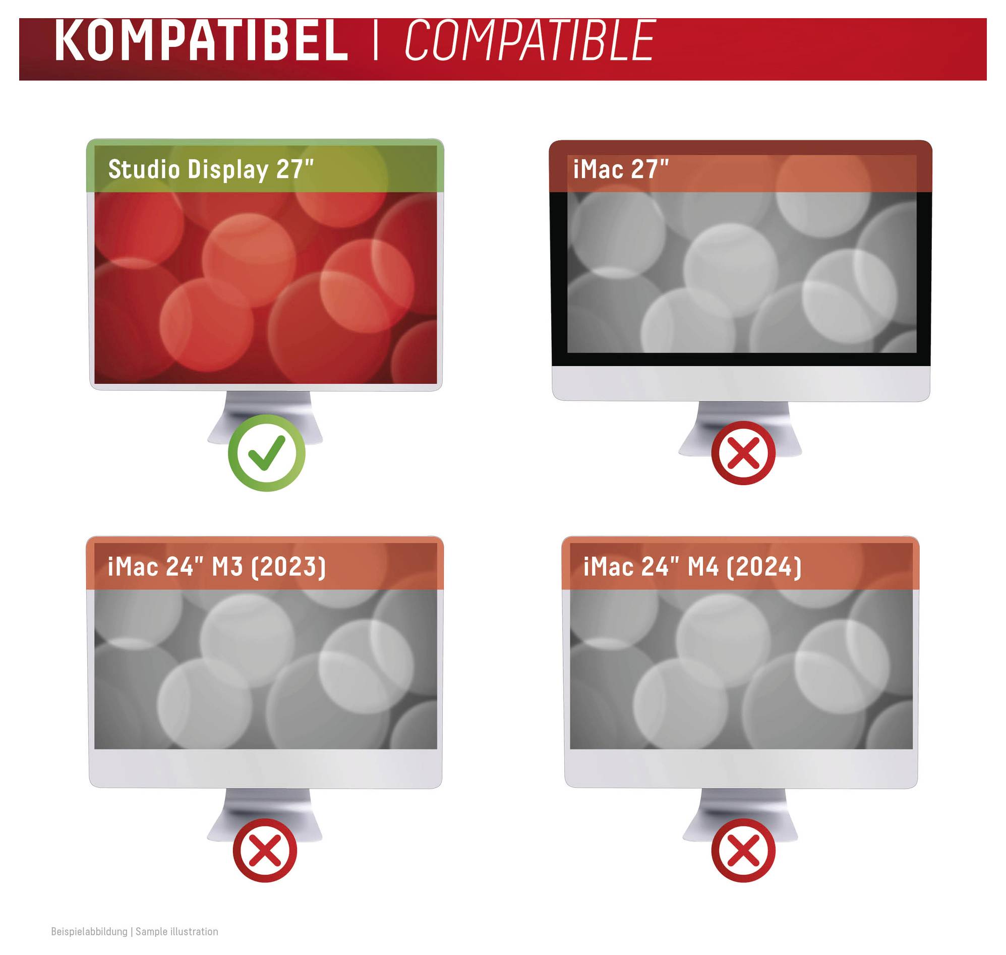 'KOMPATIBEL | COMPATIBLE' naslov. Studio Display 27" ima zelenu kvačicu za kompatibilnost. iMac modeli prikazani s crvenim X za nekompatibilnost.