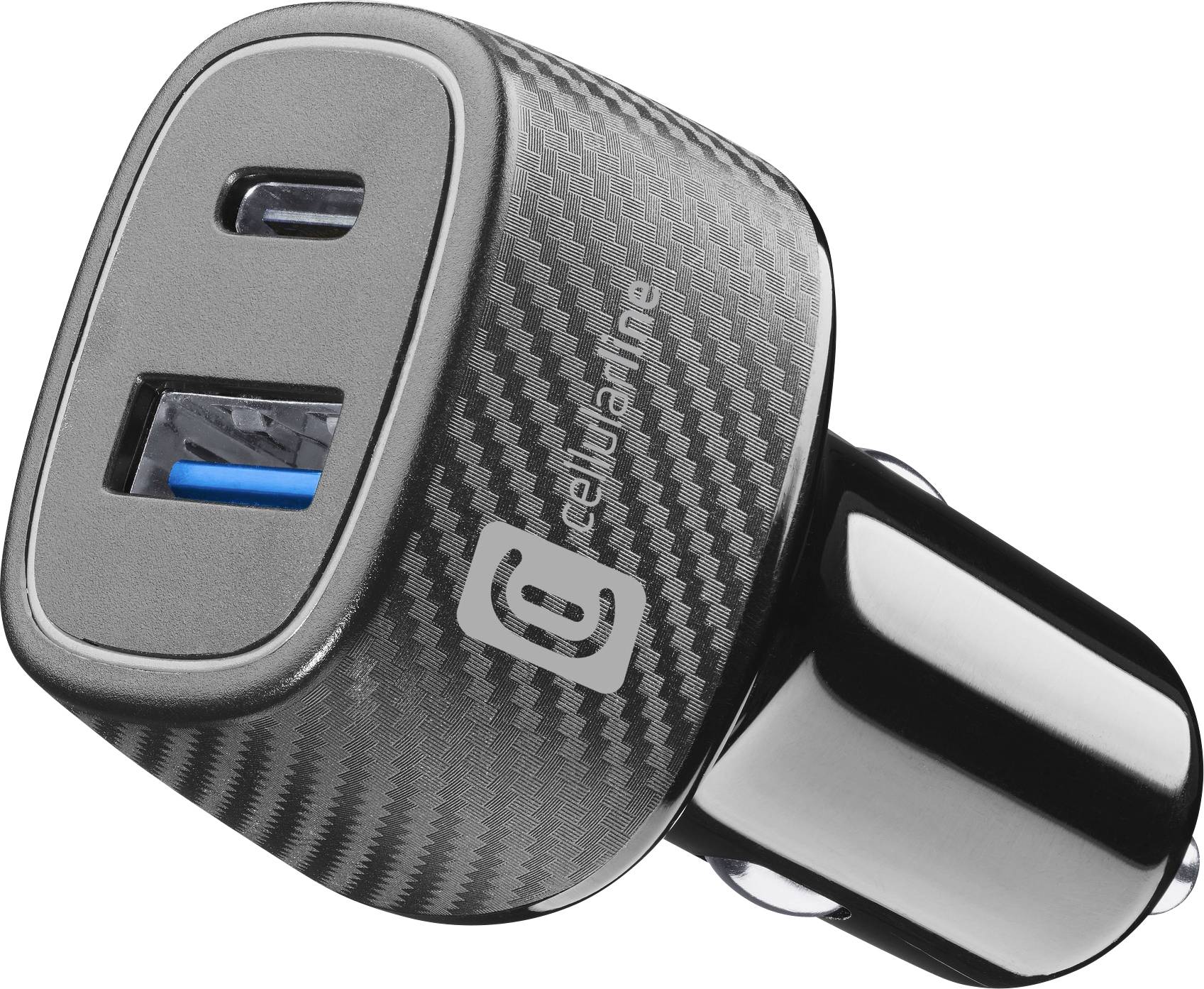 Automobilski brzi punjač s teksturom od karbonnih vlakana i dvama portima - USB-C i USB-A.
