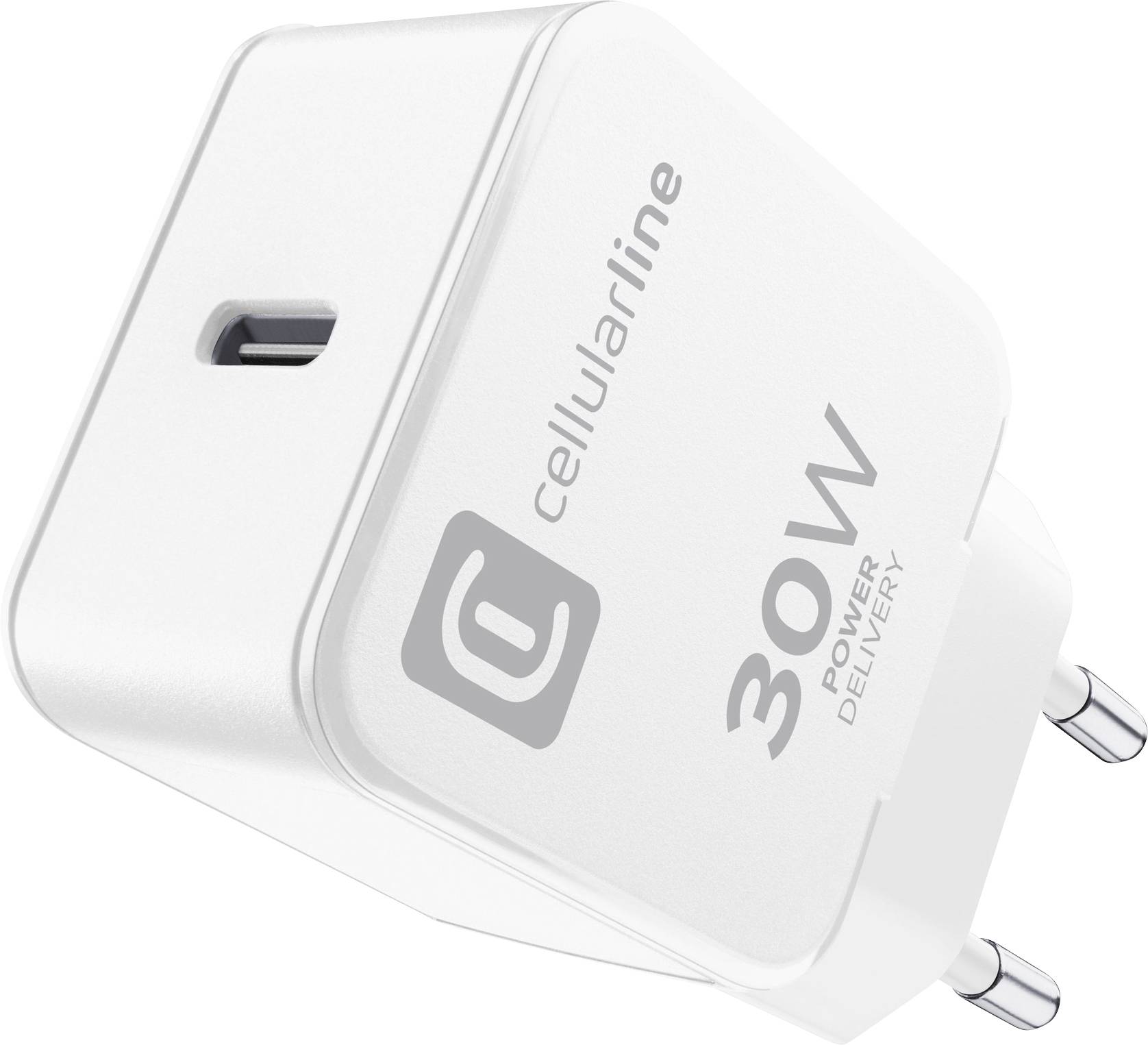 Bijeli adapter od 30W s USB-C priključkom, sa logotipom tvrtke na boku, prikazan pod kutom s vidljivim iglicama europske utičnice.
