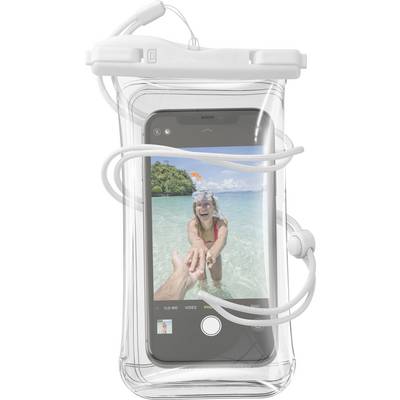 Pametni telefon u vodootpornoj torbi prikazuje selfie osmijehane osobe koja snoorkela u čistoj, plitkoj vodi, drženjem za ruke s drugom osobom.