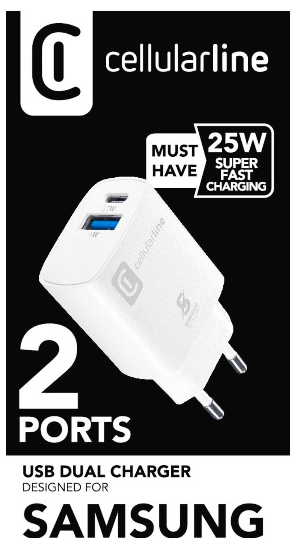 'Cellularline USB Dual Charger, 2 priključka, 25W Super Fast Charging, dizajniran za Samsung.' Crno-bijela ambalaža s slikom proizvoda.
