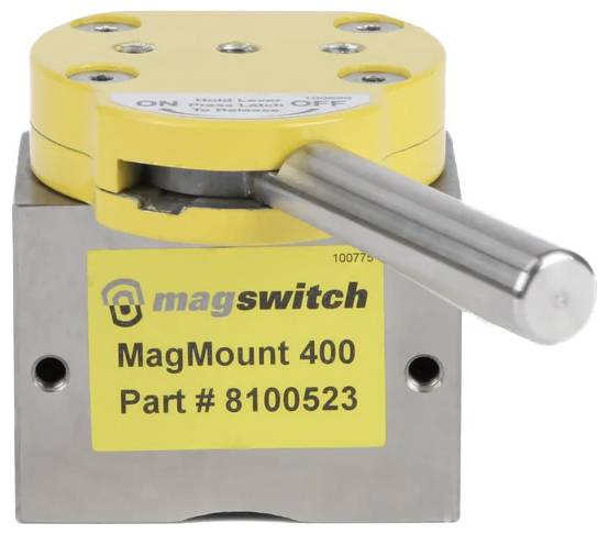 Metalni žuti i srebrni magnetski uređaj s ručkom, oznake 'Magswitch MagMount 400, Dio br. 8100523.'