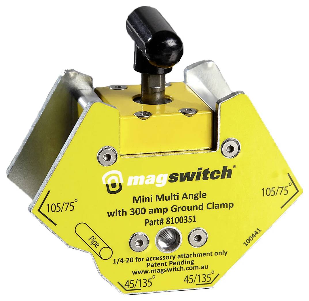 'Magswitch Mini Multi Angle' žuti magnetni alat za zavarivanje s kutevima za precizno pozicioniranje metala, koji ima podesive stege i oznake kuteva.