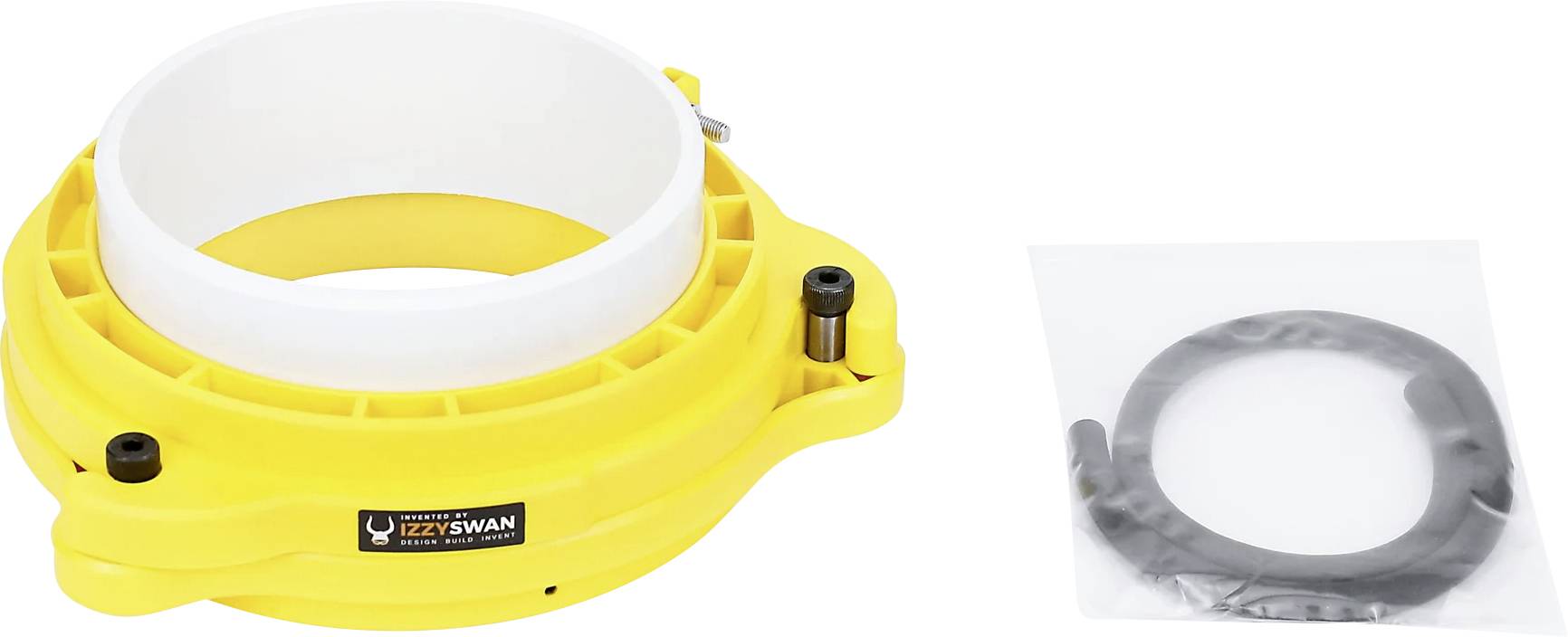 Žuti mrežni usmjerivač (router) chip deflector s montažnom opremom prikazan sa strane.