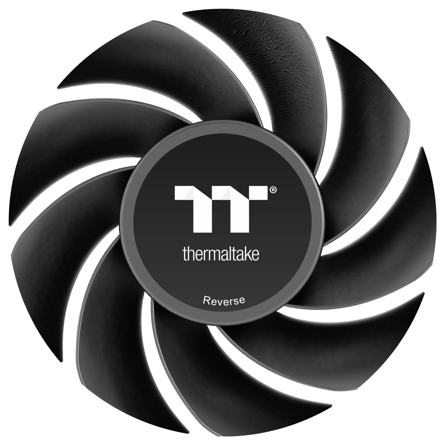 Crni list ventilatora računala s Thermaltake logotipom u sredini. Tekst na listu glasi "Reverse".