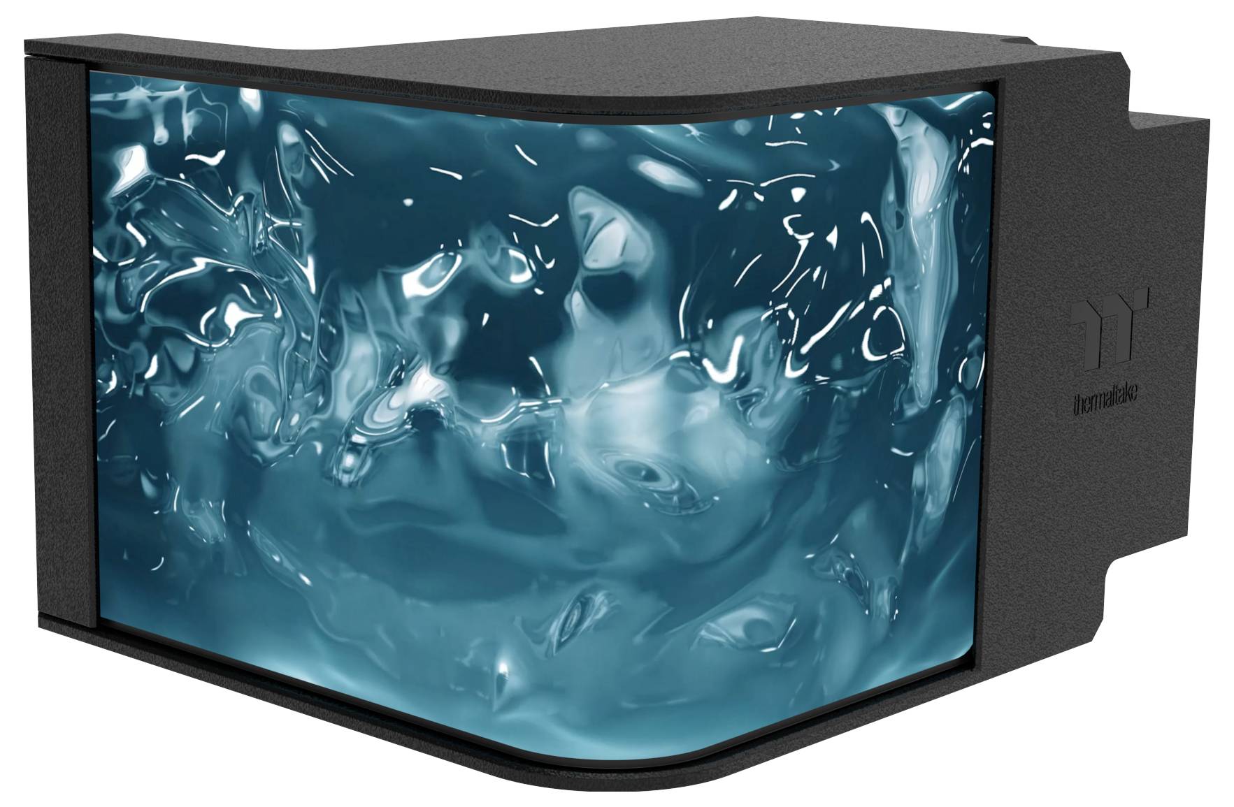 3D renderirana slika sustava vodenog hlađenja s plавom tekućinom koja se vrti unutar prozirnog, kutastog spremnika s crnim okvirom.