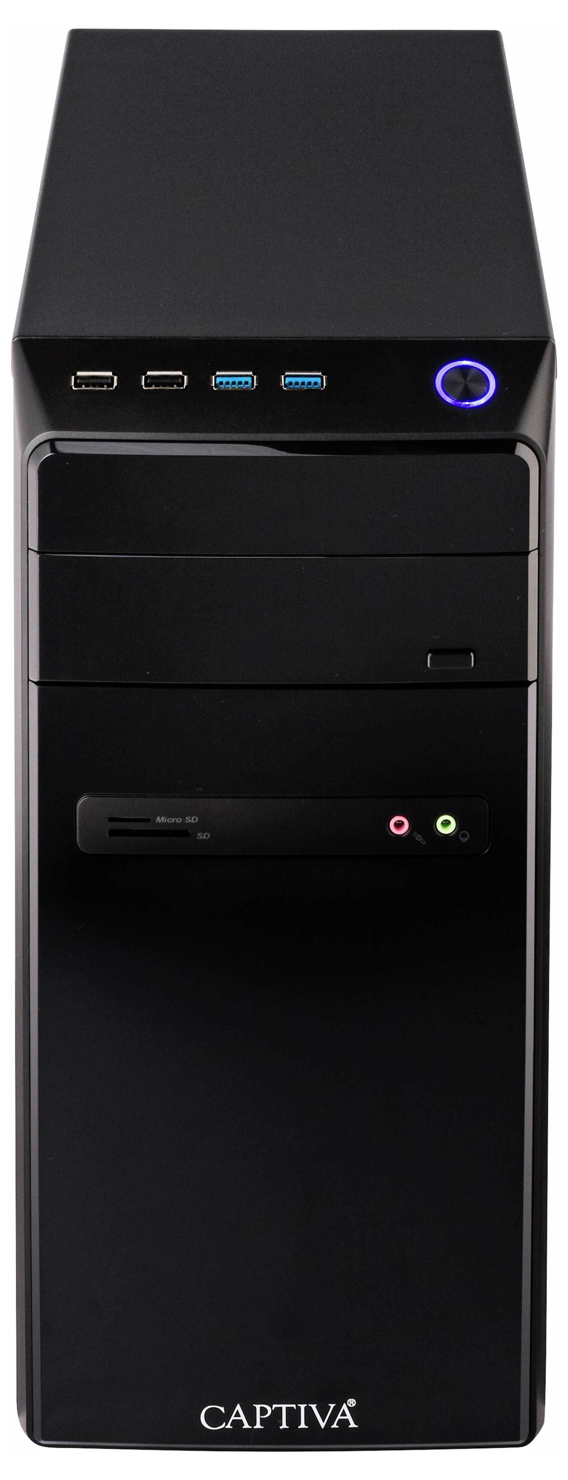 Crni stolni računalni toranj s prednjim USB priključcima, gumbom za uključivanje i audio utičnicama. Logo marke 'Captiva' na dnu.