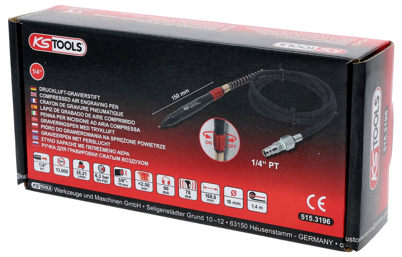 'KS Tools' uređaj za graviranje zrakom veličine 1/4" PT, s detaljnom dijagramom alata i višejezičnim specifikacijama na kutiji.