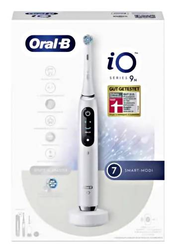 Električna zobna četka Oral-B iO Series 9n u bijeloj boji, prikazana na pakiranju s naglaskom na tehnologiju i dizajn. Uključuje sedam načina četkanja.