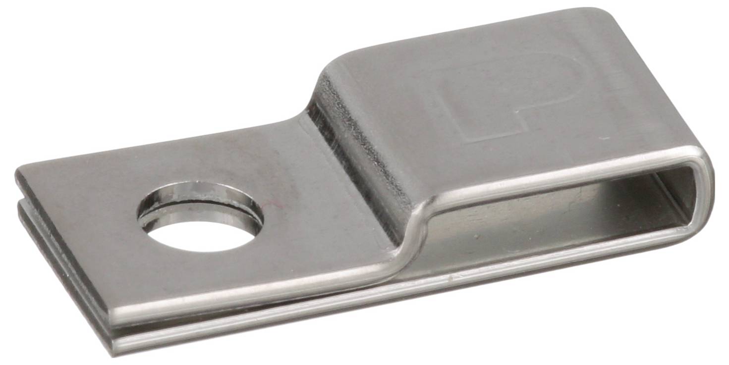 Metalna kopča s rupom za montažu, koja se koristi za osiguravanje ili organiziranje kabela ili predmeta.