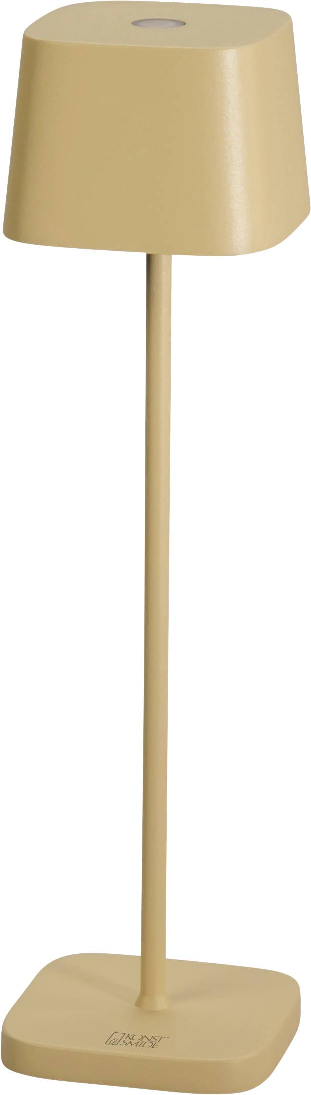 Minimalistička, bež obojana stolna lampa s cilindričnom bazom i suženim sjenilom, dizajnirana za moderno unutrašnje uređenje.