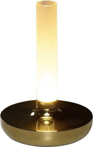 Visoka, cilindarska moderna lampa sa sjajećom središnjom cijevi na okrugloj metalnoj bazi, koja emitira meko ambijentalno svjetlo.