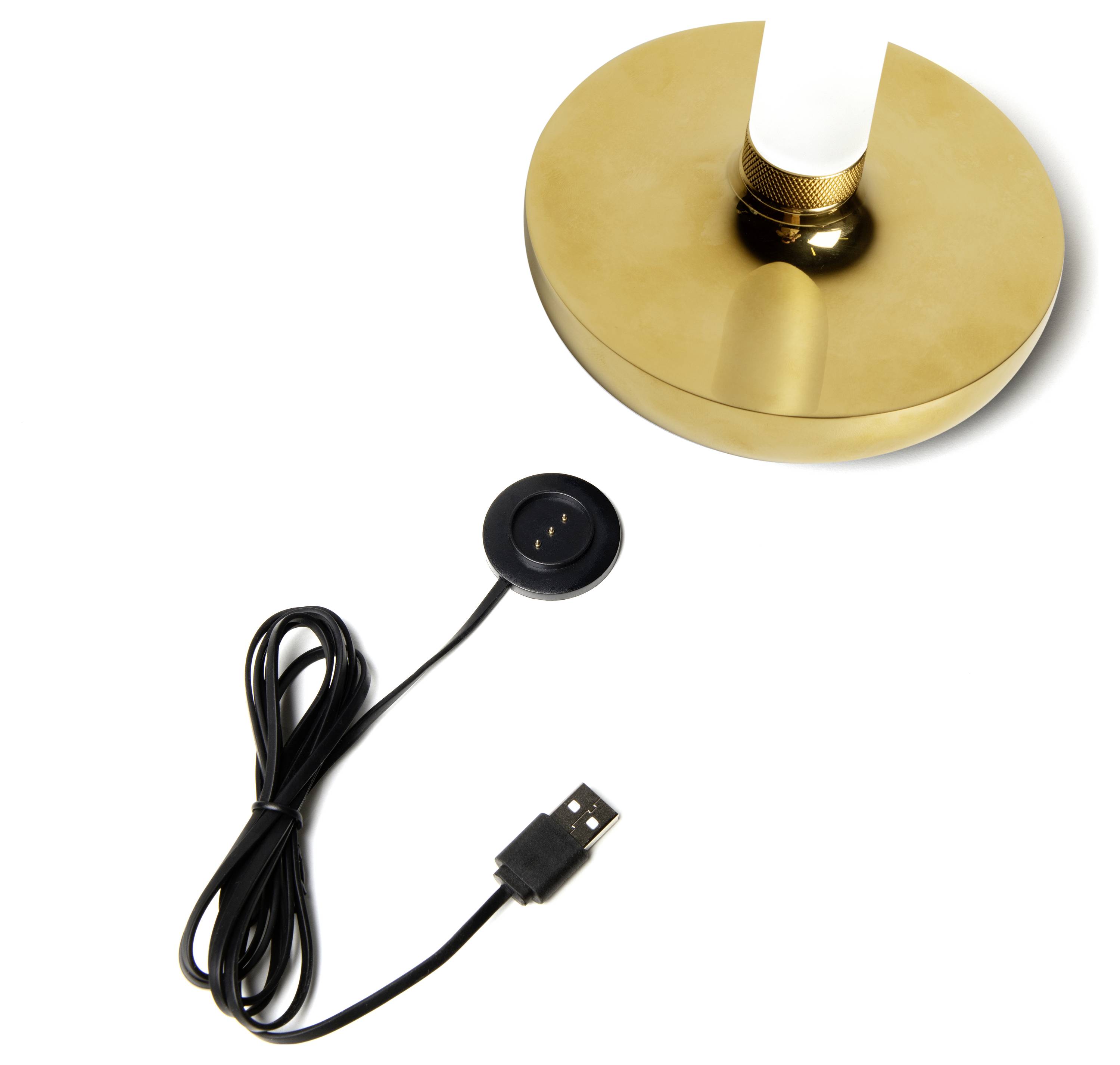 Zlatna kružna baza lampe sa bijelom svjetlosnom cijevi, praćena povezanim crnim USB kabelom i tipkom za upravljanje, na bijeloj pozadini.