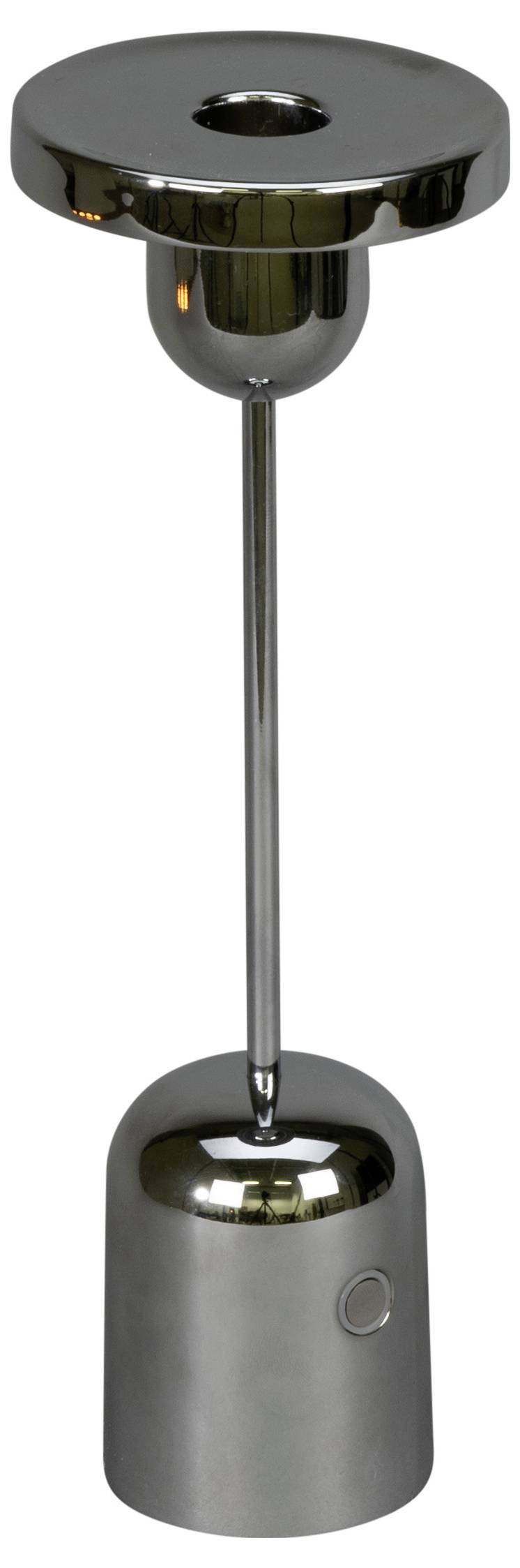 Elegantan moderan metalni stolni reflektor s reflektivnom okruglom bazom i sjenilom, dizajniran za suvremene unutarnje prostore.