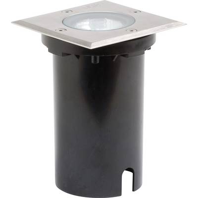 Crni cilindrični vanjski prizemni svjetiljka sa stainless steel kvadratnim vrhom i okruglim staklenim poklopcem, namijenjena osvjetljenju krajolika.