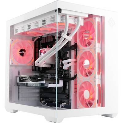Bijeli toranj gaming računala s prozirnom bočnom stranom koja otkriva unutarnje ventilatora za hlađenje s crvenim osvjetljenjem, grafičku karticu GeForce RTX i uređeno upravljanje kabelima.