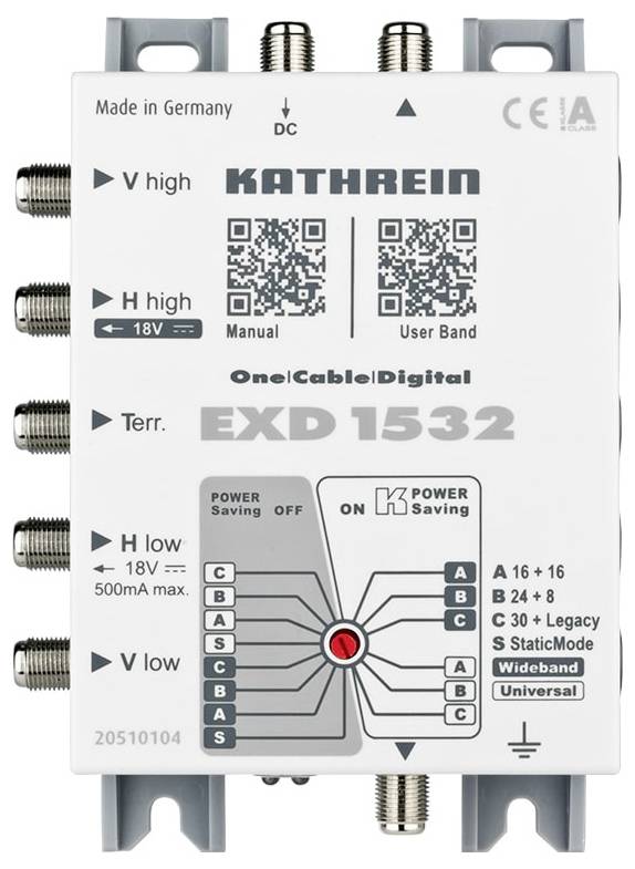 Satelitski multiswitch uređaj, marke Kathrein, model EXD 1532, koji prikazuje ulazne i izlazne priključke s označenim portovima i opcijama uštede energije.