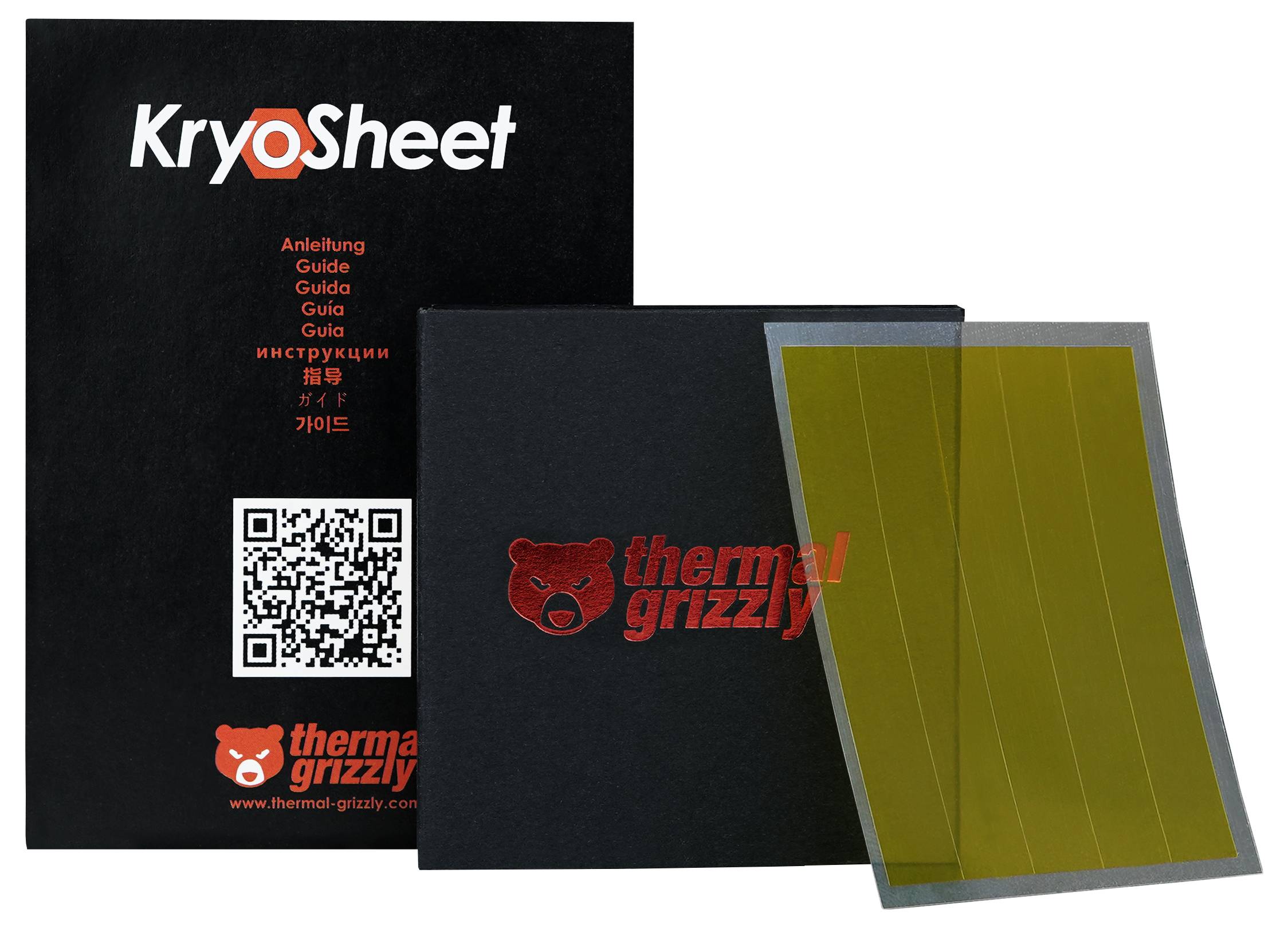 Slika prikazuje ambalažu 'Kryosheet' sa QR kodom, logotipom 'thermal grizzly' i izloženom zlatno obojenom termičkom podlogom unutar pakiranja.