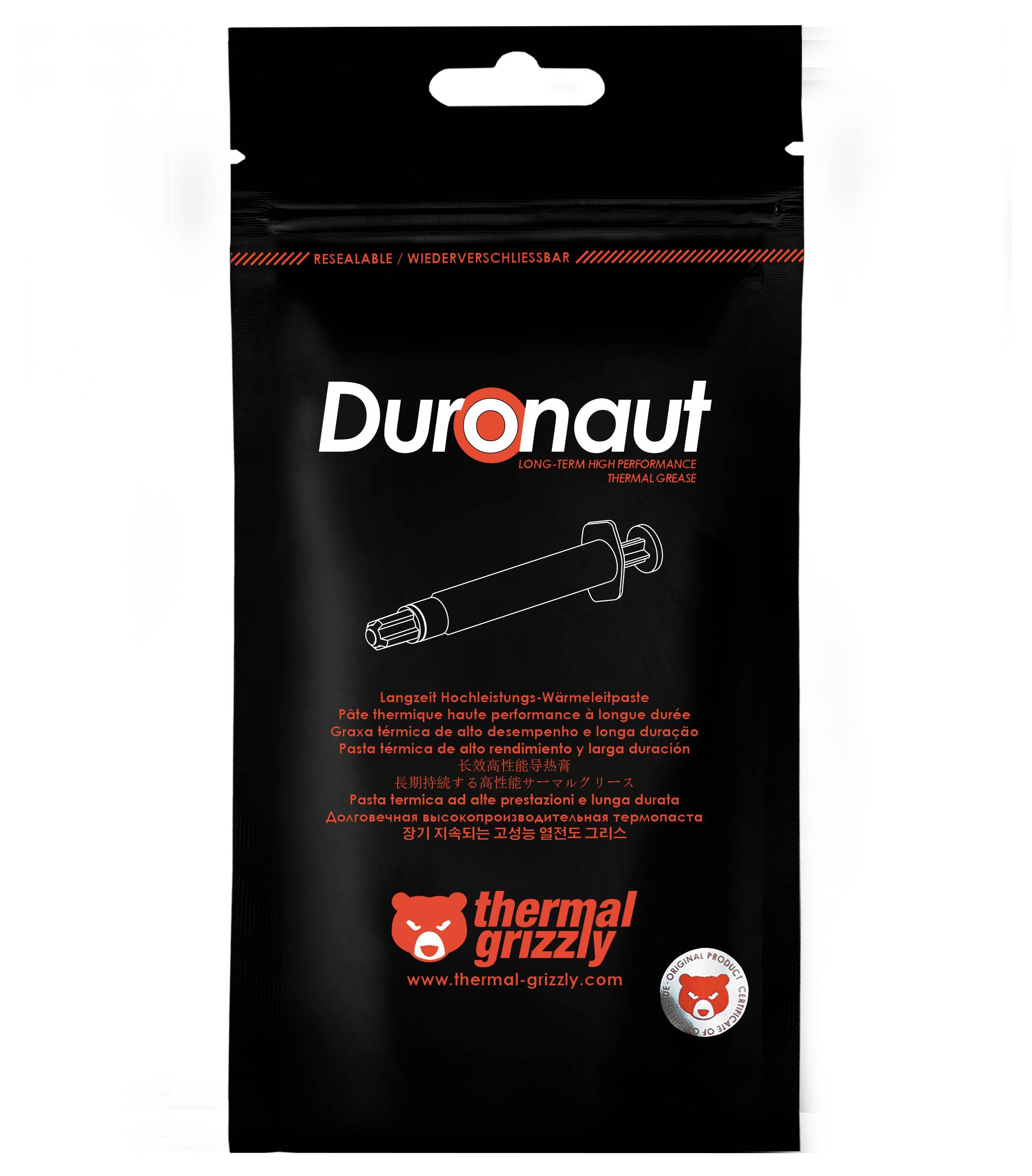 Paket termalne paste 'Duronaut'; crn s crvenim i bijelim tekstom. Sadrži grafiku štrcaljke i logotip 'Thermal Grizzly' na dnu.