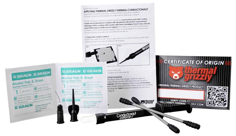 Thermal Grizzly Conductonaut komplet termalne paste koji uključuje špric, alkoholne ubručke, aplicirne nastavke i Certifikat podrijetla.