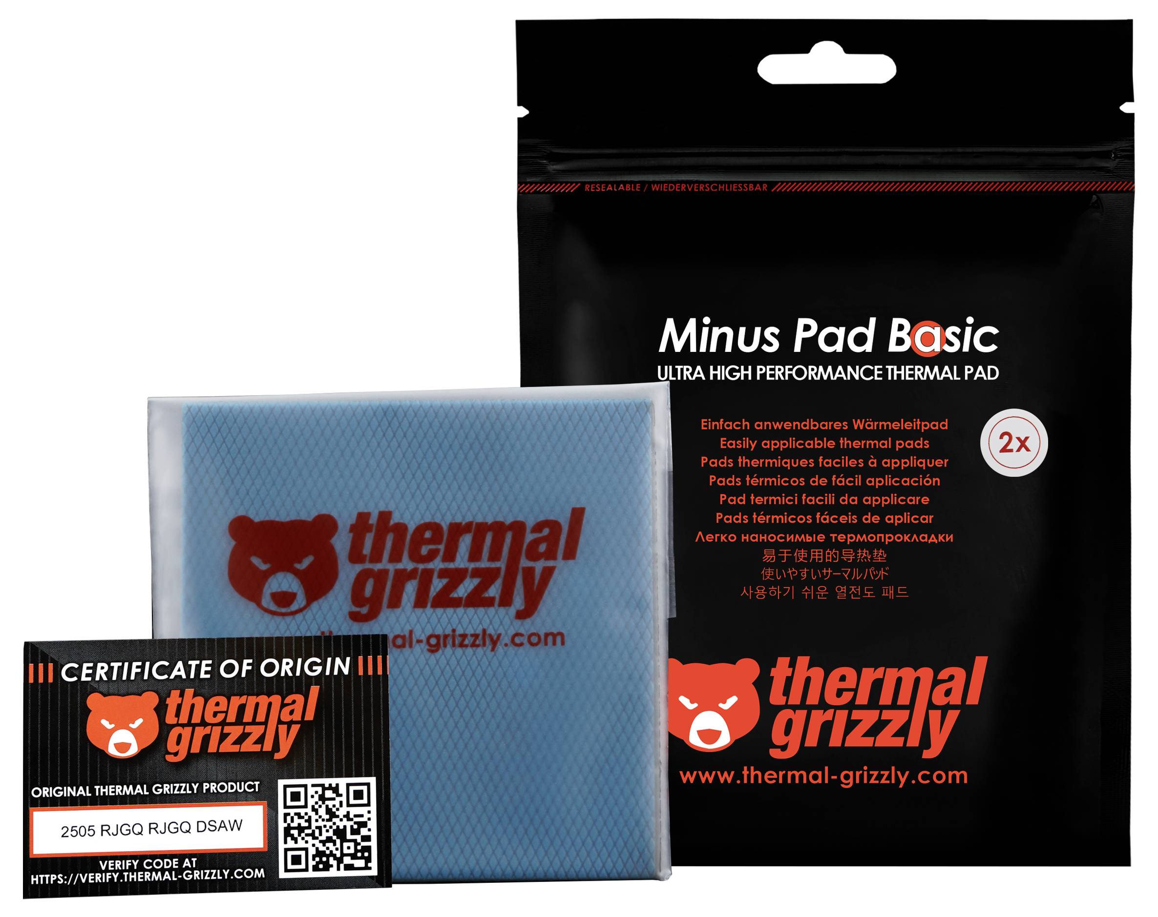Ambalaža 'Thermal Grizzly Minus Pad Basic' s proizvodom i karticom certifikata podrijetla koja ističe detalje autentičnosti.