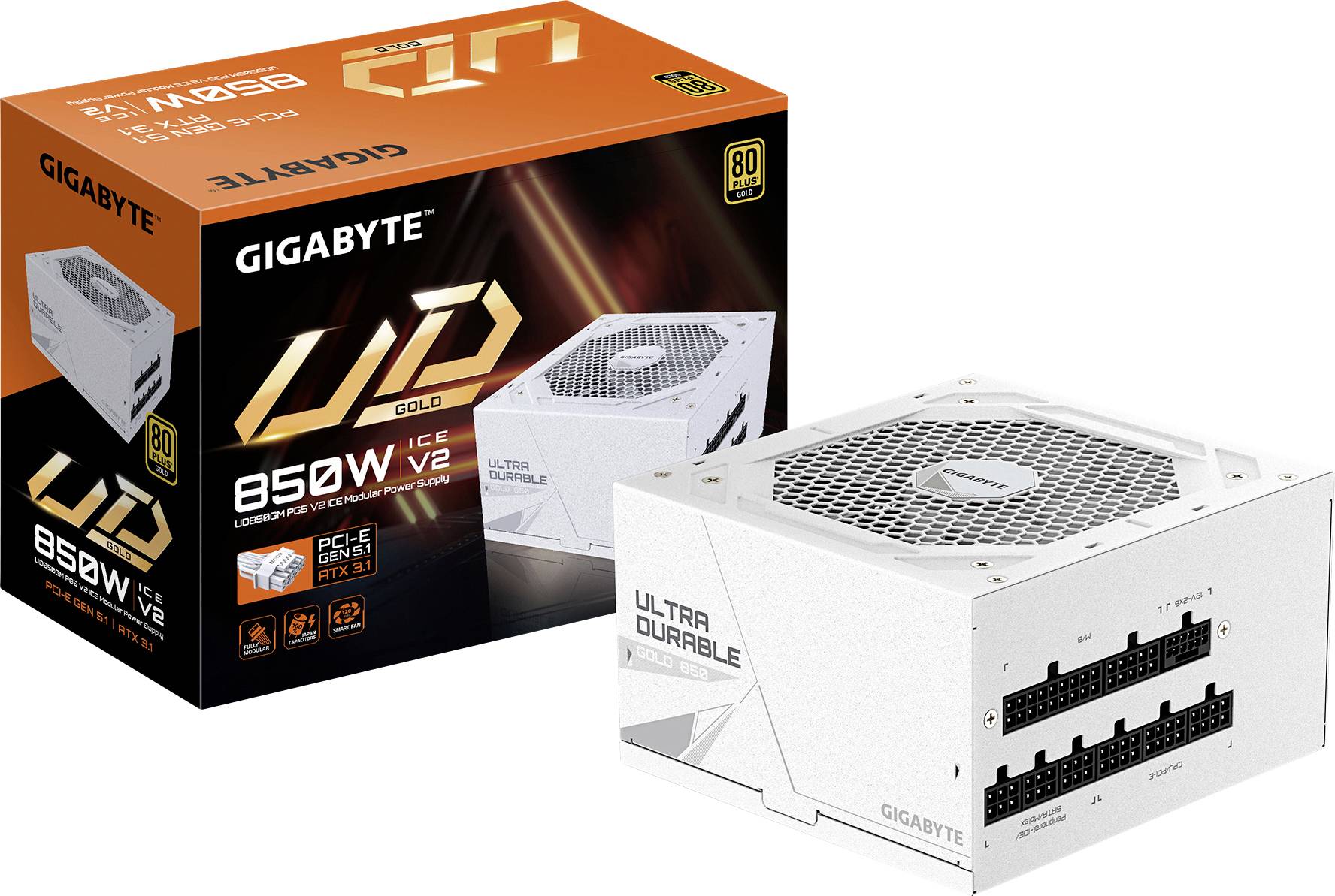 Kutija i jedinica napajanja 'GIGABYTE UD 850W V2', prikazujući bijeli vanjski dizajn s višestrukim kabelskim priključcima, certifikacijom 80 Plus Gold.