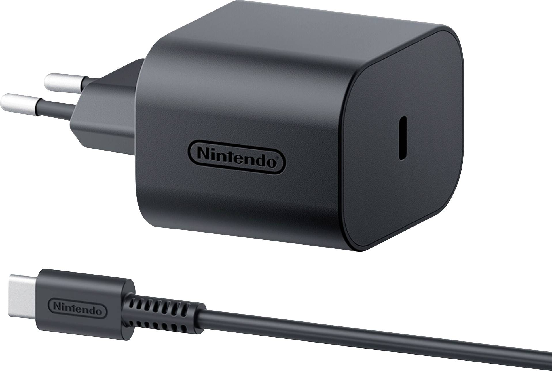 Crni Nintendo punjač s USB-C konektorom, namijenjen napajanju kompatibilnih uređaja.