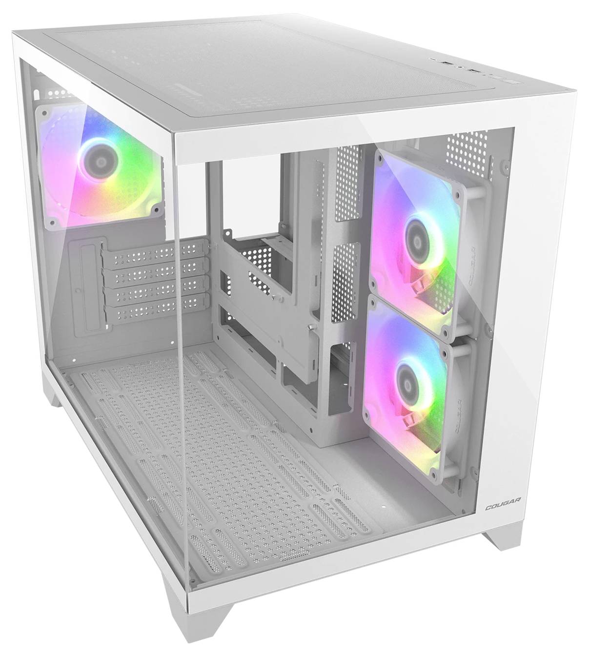 Bijeli računalni kućište s prozirnom bočnom stranom koje prikazuje tri RGB ventilatora unutar, ističući prostrani unutrašnji prostor i moderan dizajn.
