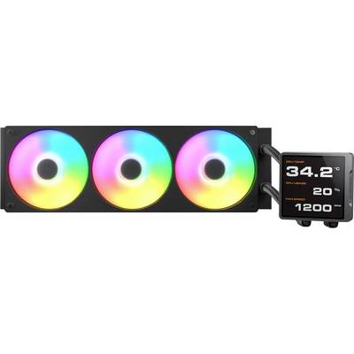 Sustav hlađenja računala ima tri kružne RGB ventilatore s monitorom koji prikazuje temperaturu procesora od 34,2°C, iskorištenost od 20% i brzinu vrtnje ventilatora od 1200 okretaja u minuti.