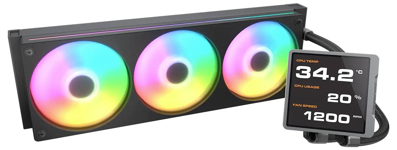 Sustav hlađenja računala s tri RGB ventilatora i digitalnim zaslonom koji prikazuje 'Temperatura CPU-a: 34,2°C, Iskorištenost CPU-a: 20%, Brzina vrtnje ventilatora: 1200 okretaja/min'.