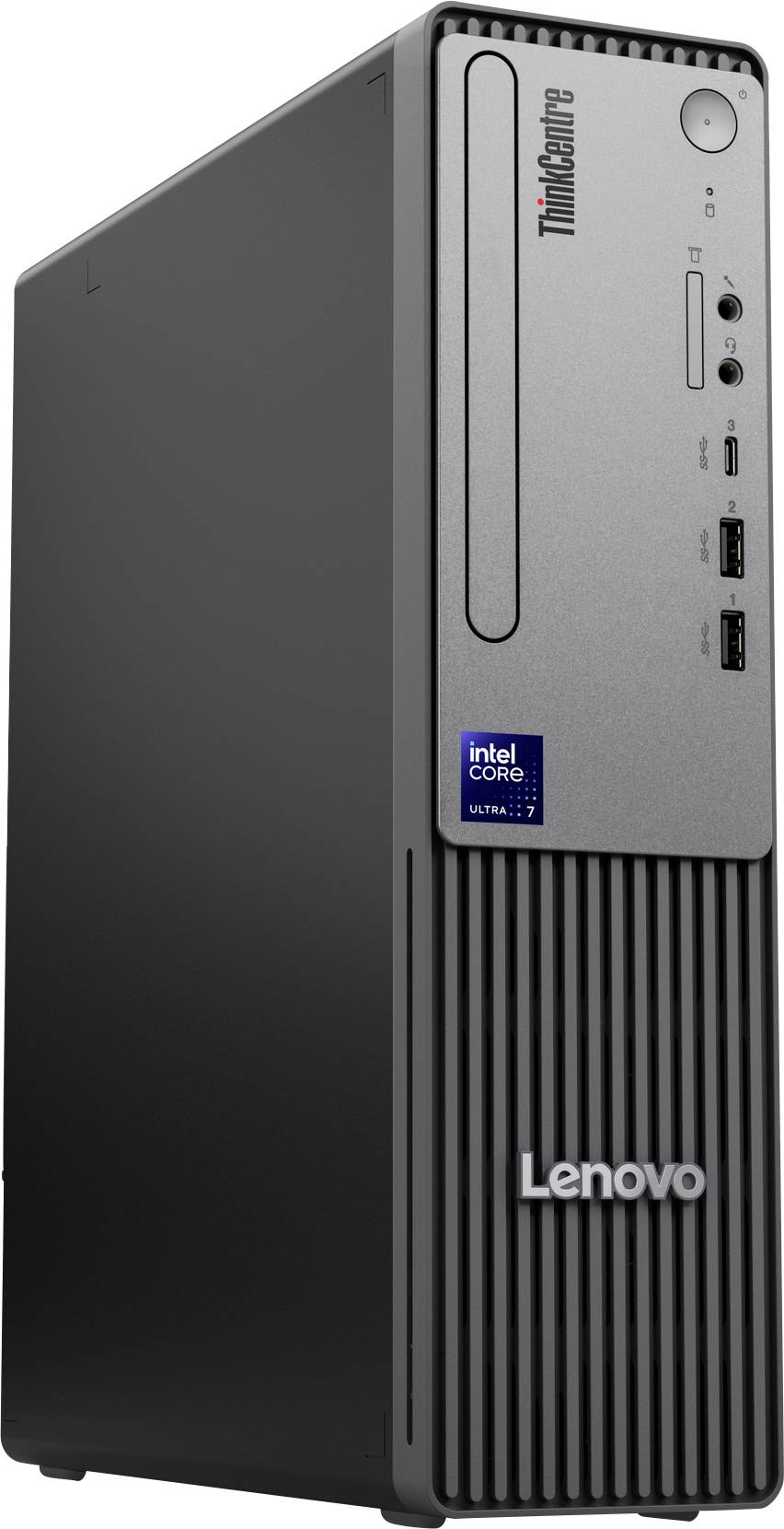 Crni Lenovo ThinkCentre stolni računar, opremljen Intel Core i5 naljepnicom i portovima okrenutima prema naprijed, uključujući USB i audio ulaze.